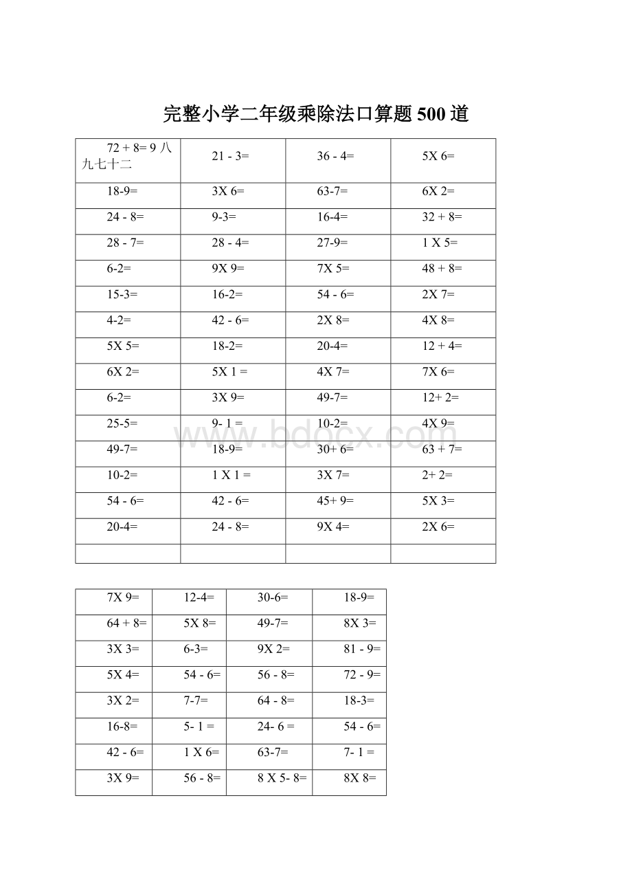 完整小学二年级乘除法口算题500道Word文档格式.docx