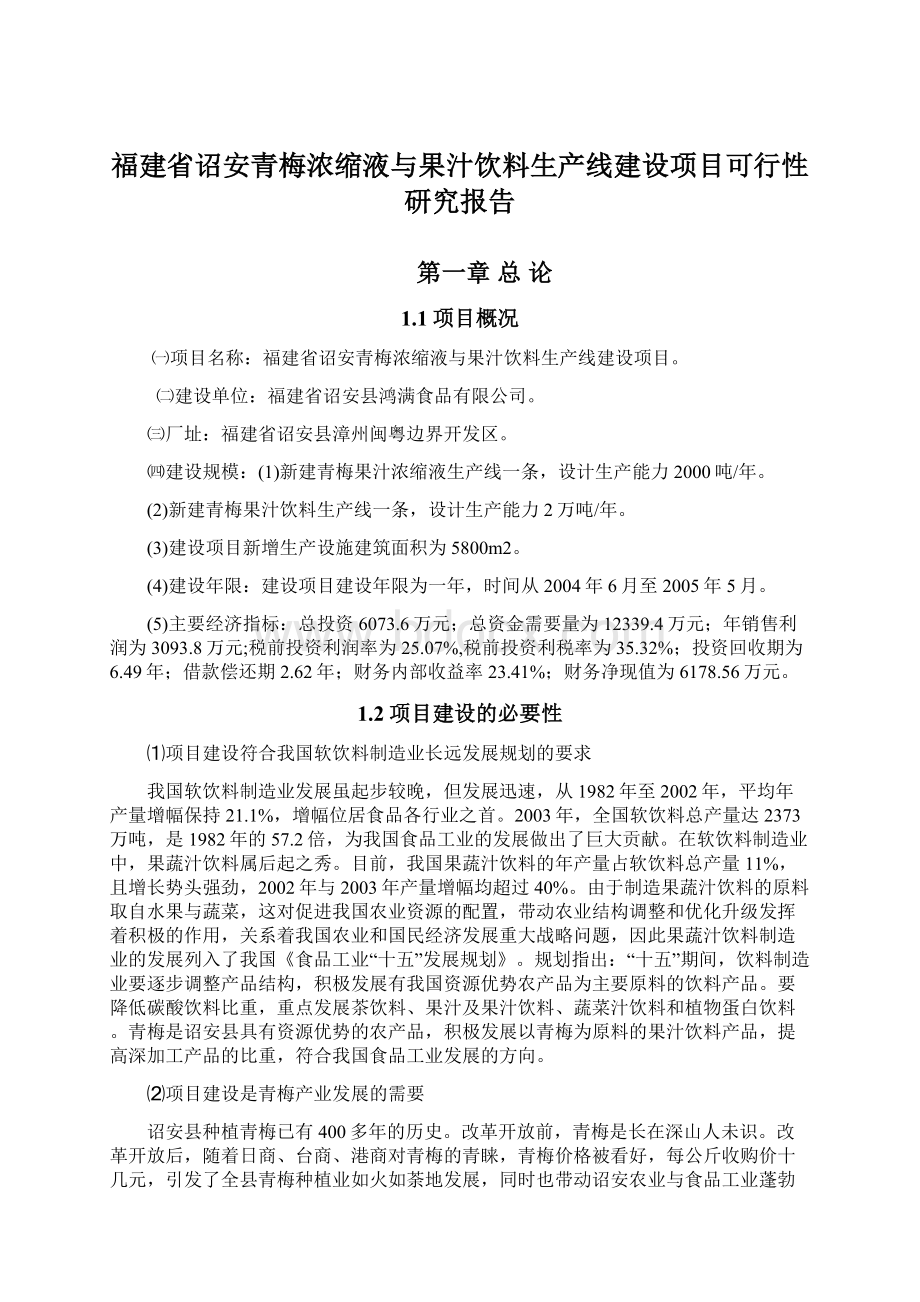 福建省诏安青梅浓缩液与果汁饮料生产线建设项目可行性研究报告.docx