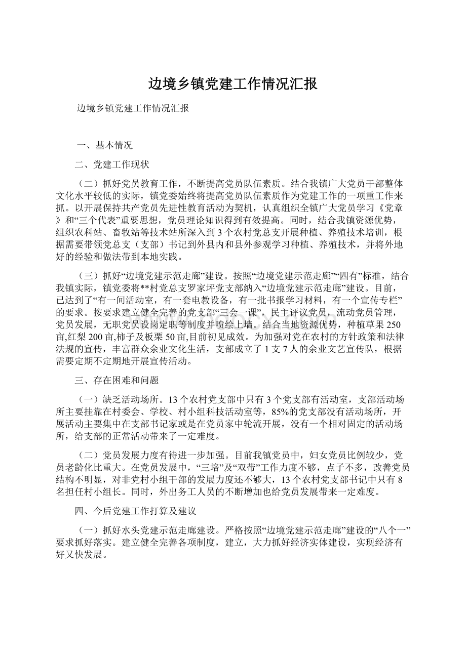 边境乡镇党建工作情况汇报Word格式.docx_第1页