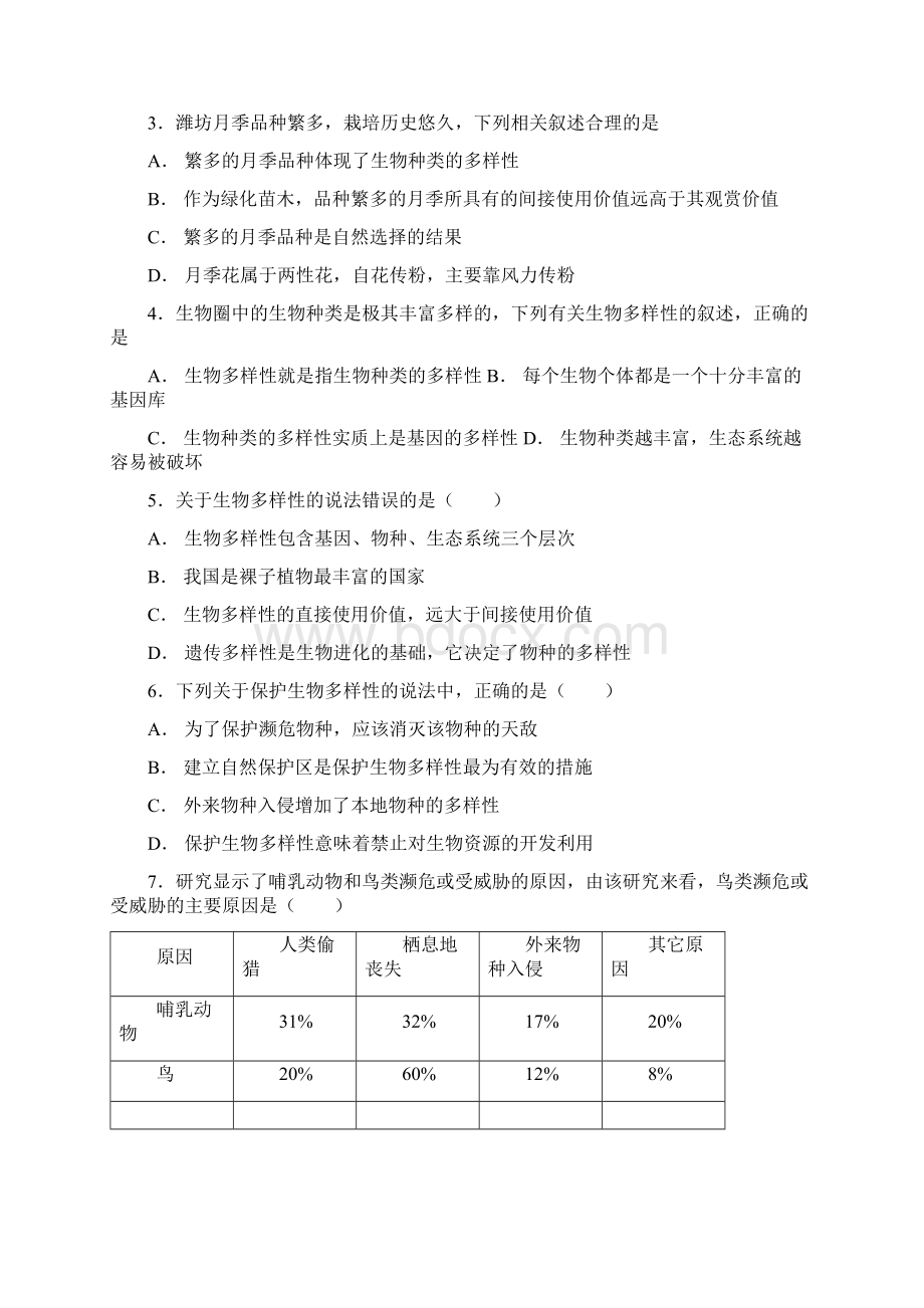 济南版八年级生物下册第六单元第三章生物多样性及保护单元测试题文档格式.docx_第2页