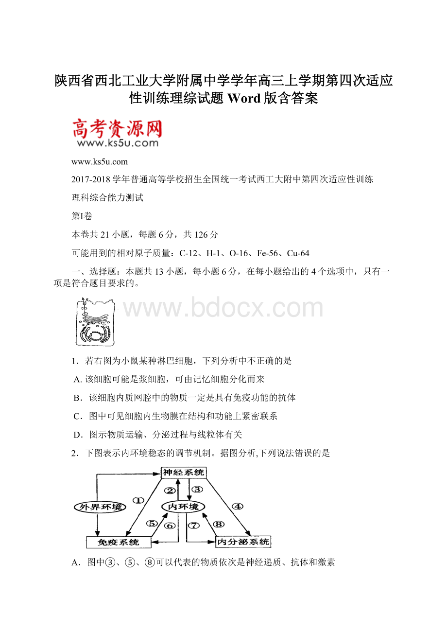 陕西省西北工业大学附属中学学年高三上学期第四次适应性训练理综试题 Word版含答案.docx