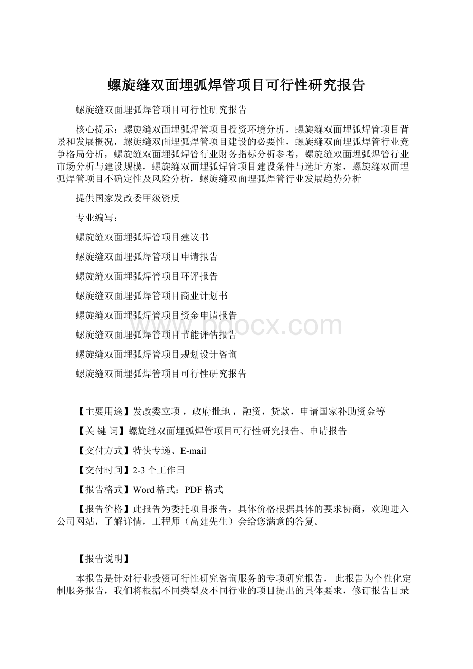 螺旋缝双面埋弧焊管项目可行性研究报告Word格式.docx