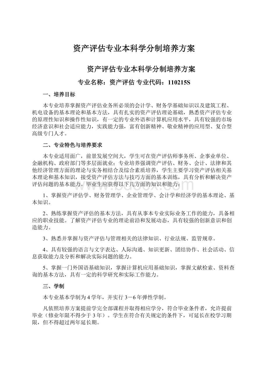 资产评估专业本科学分制培养方案Word文档格式.docx_第1页