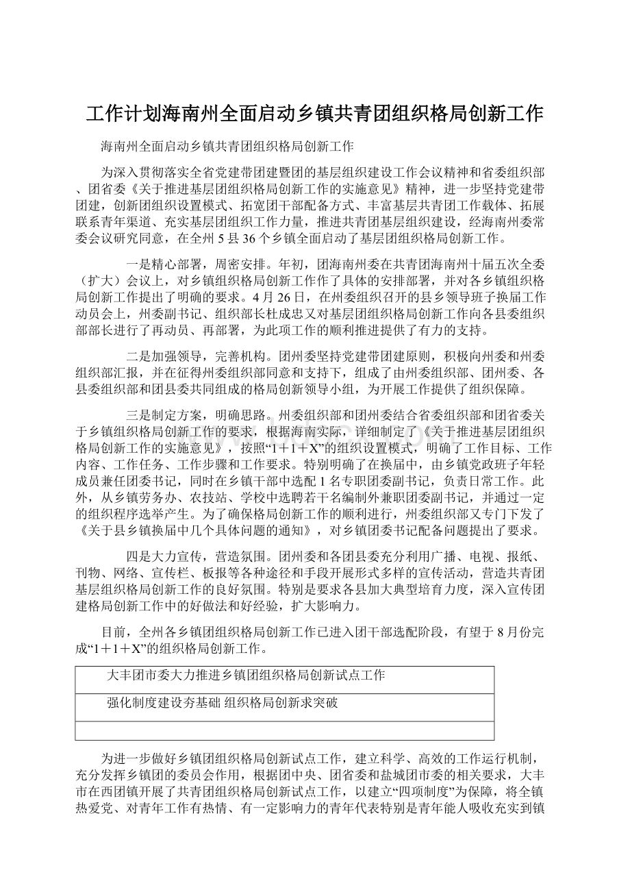 工作计划海南州全面启动乡镇共青团组织格局创新工作.docx_第1页