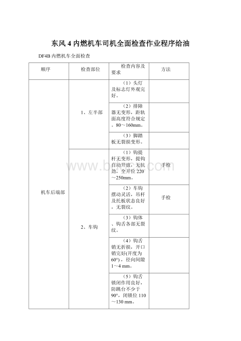 东风4内燃机车司机全面检查作业程序给油Word格式文档下载.docx_第1页