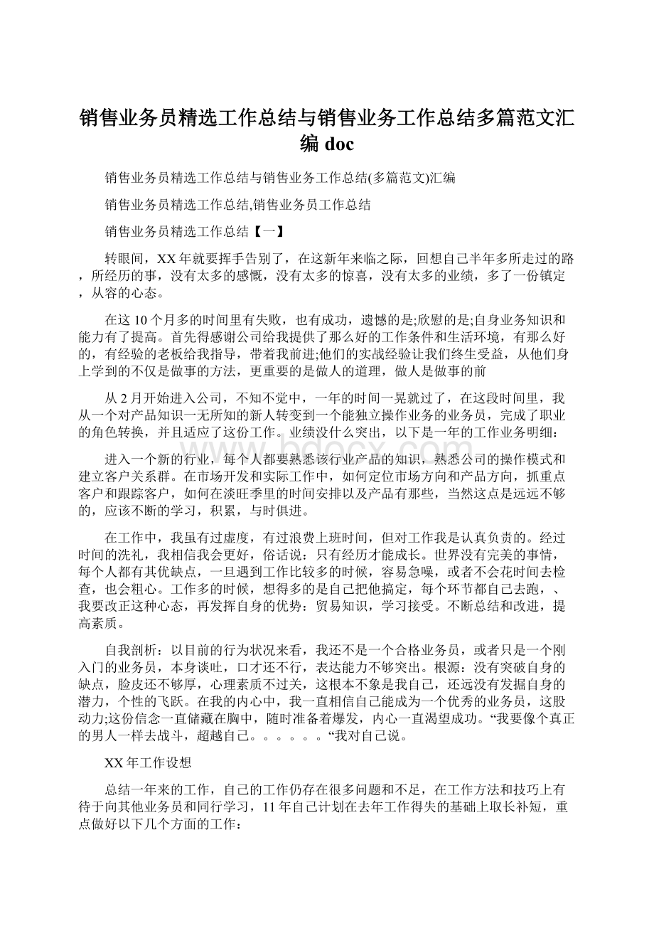 销售业务员精选工作总结与销售业务工作总结多篇范文汇编docWord文档下载推荐.docx