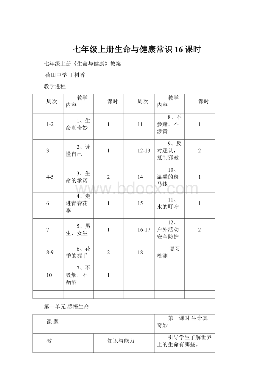 七年级上册生命与健康常识16课时.docx_第1页