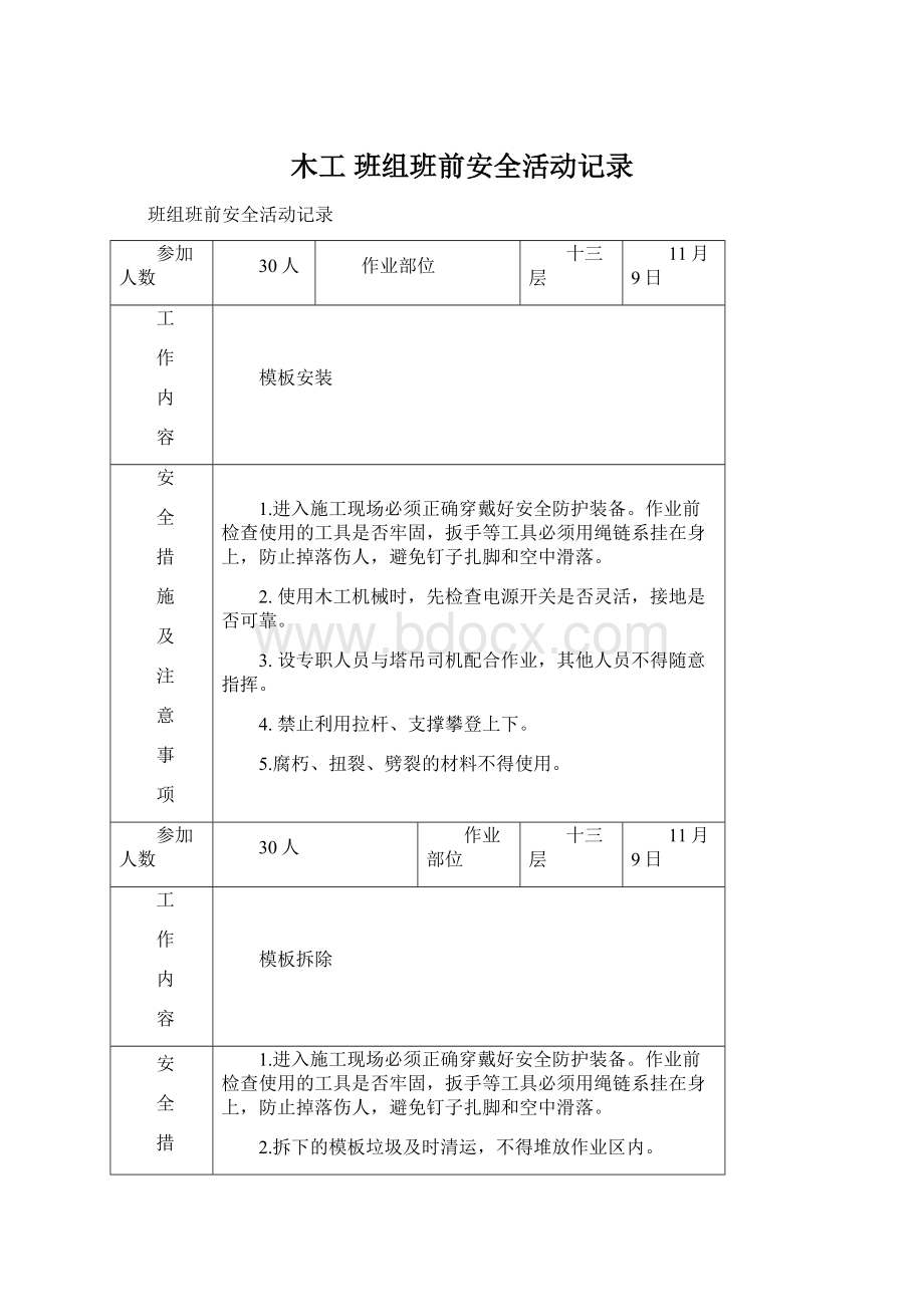 木工 班组班前安全活动记录Word格式文档下载.docx_第1页