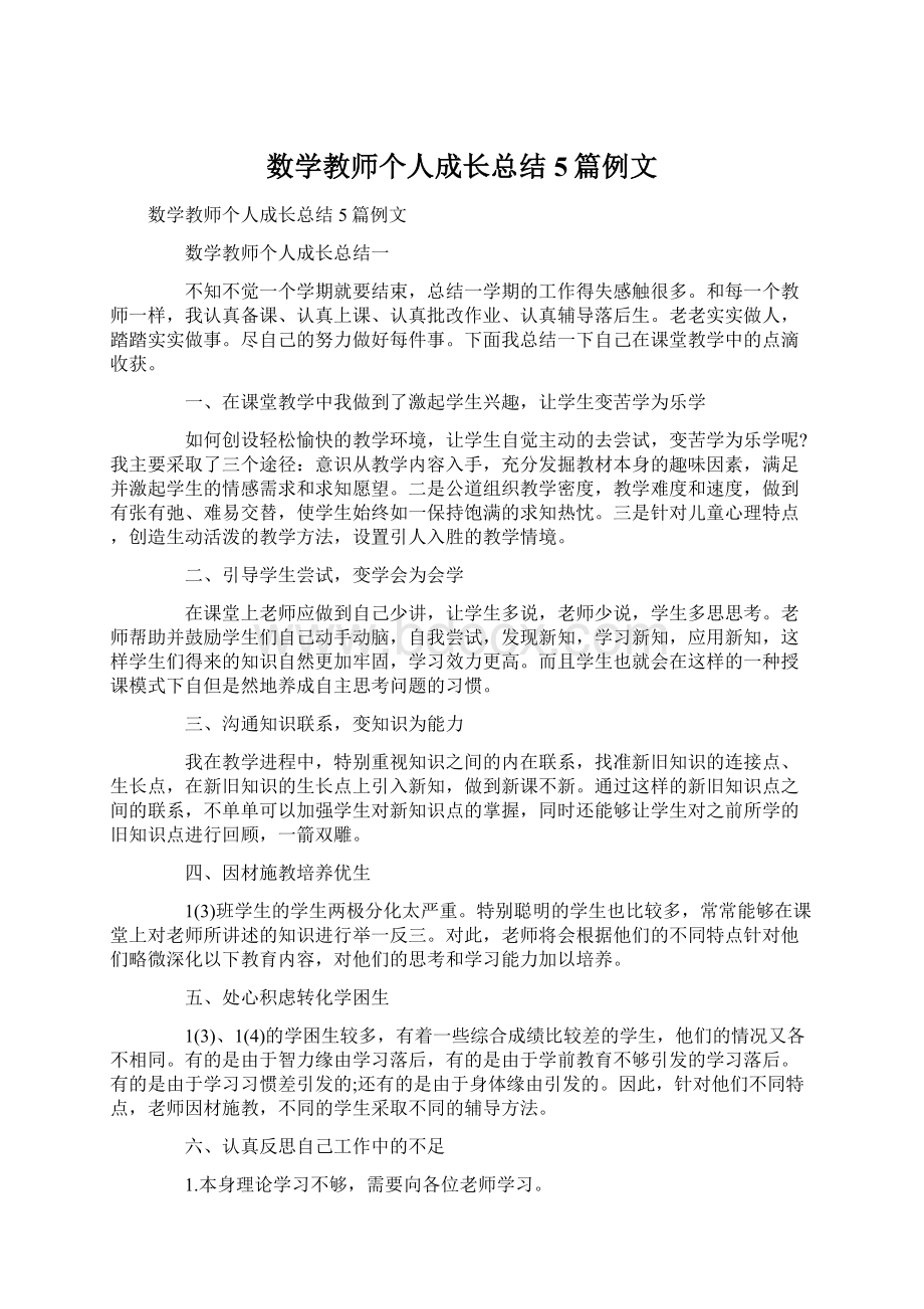 数学教师个人成长总结5篇例文文档格式.docx