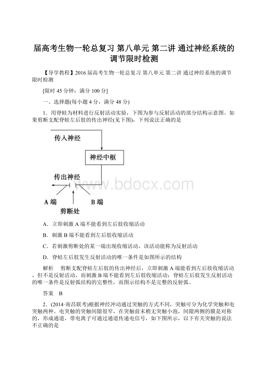 届高考生物一轮总复习 第八单元 第二讲 通过神经系统的调节限时检测.docx