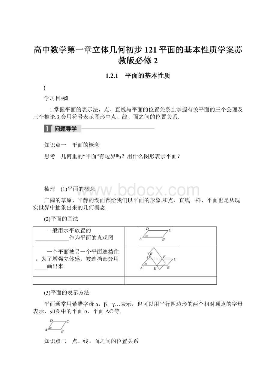 高中数学第一章立体几何初步121平面的基本性质学案苏教版必修2文档格式.docx