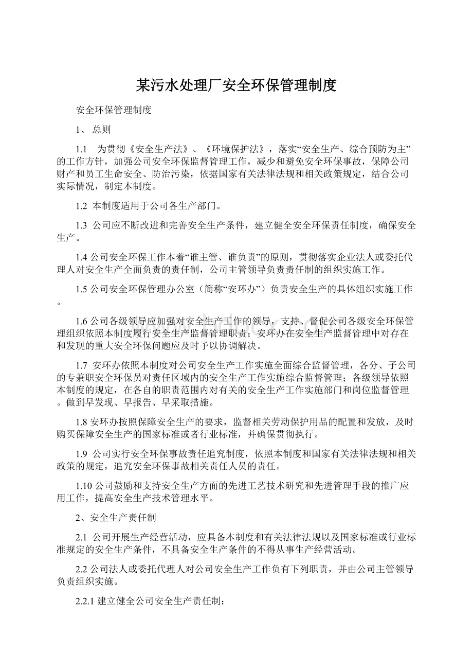 某污水处理厂安全环保管理制度Word格式.docx