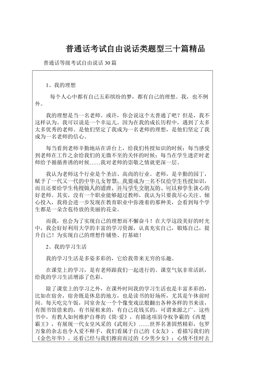 普通话考试自由说话类题型三十篇精品Word文档格式.docx_第1页