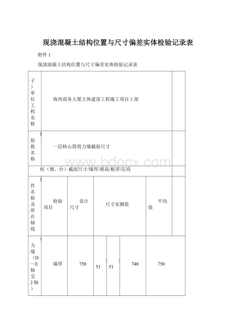 现浇混凝土结构位置与尺寸偏差实体检验记录表.docx_第1页