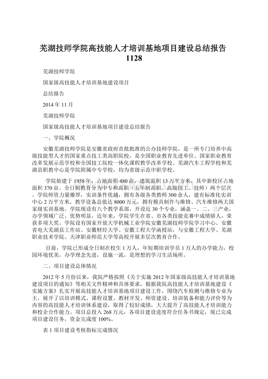 芜湖技师学院高技能人才培训基地项目建设总结报告1128Word格式文档下载.docx