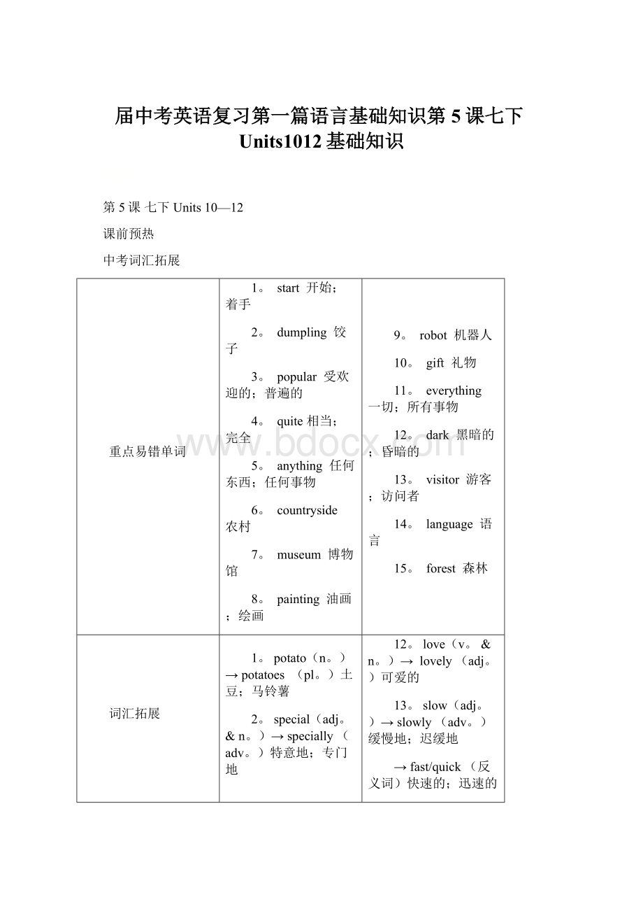 届中考英语复习第一篇语言基础知识第5课七下Units1012基础知识Word文档格式.docx_第1页