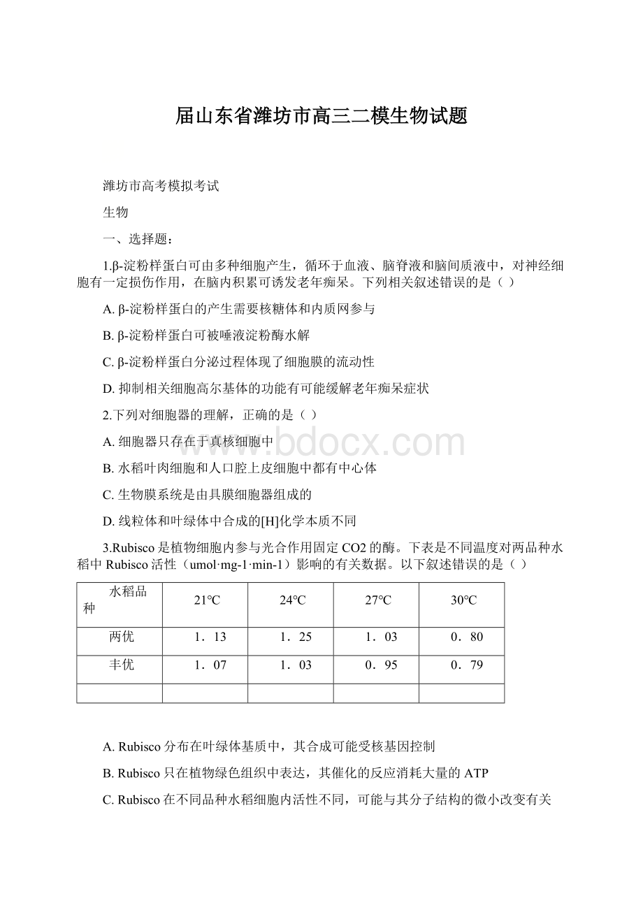 届山东省潍坊市高三二模生物试题.docx_第1页