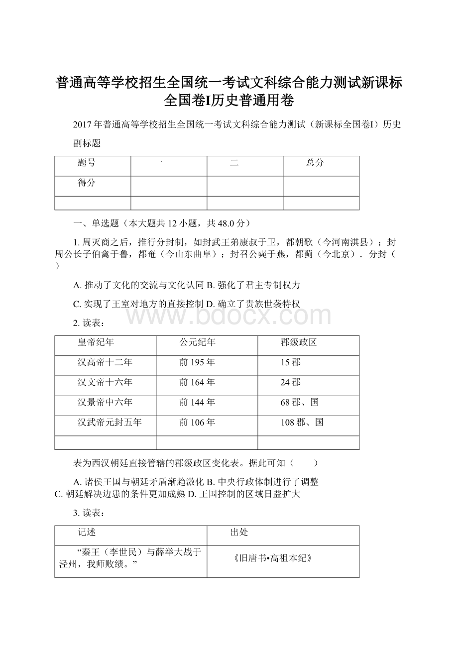 普通高等学校招生全国统一考试文科综合能力测试新课标全国卷Ⅰ历史普通用卷.docx