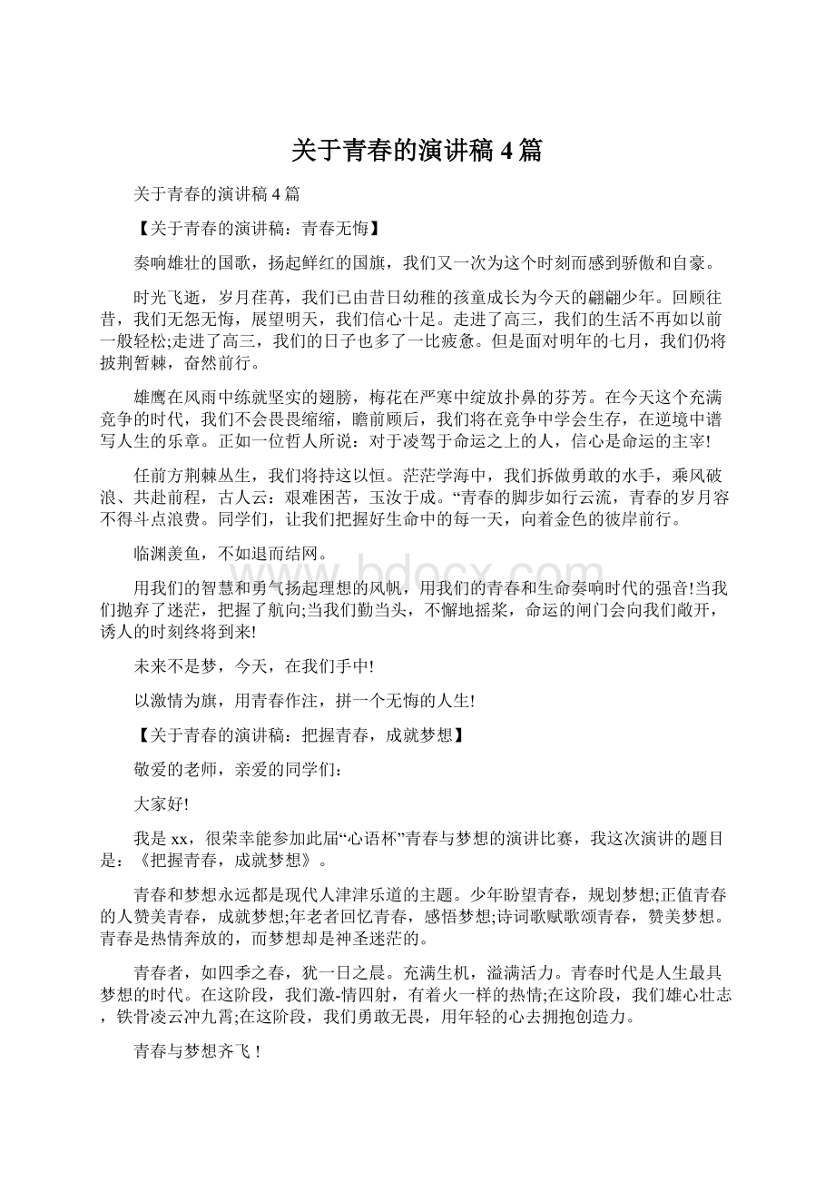 关于青春的演讲稿4篇Word文档下载推荐.docx