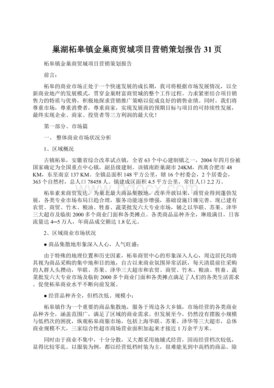 巢湖柘皋镇金巢商贸城项目营销策划报告31页.docx_第1页