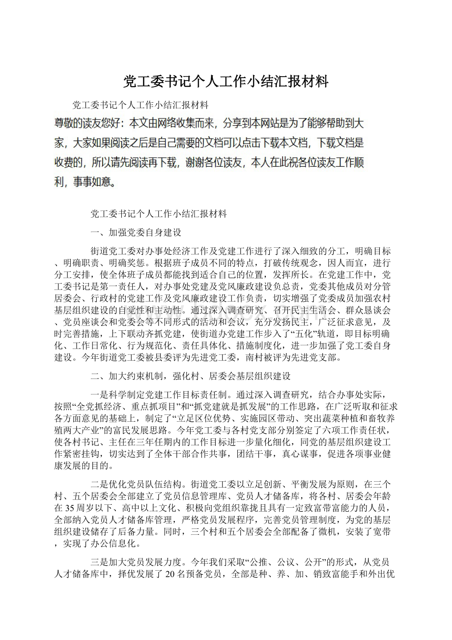 党工委书记个人工作小结汇报材料Word文档下载推荐.docx