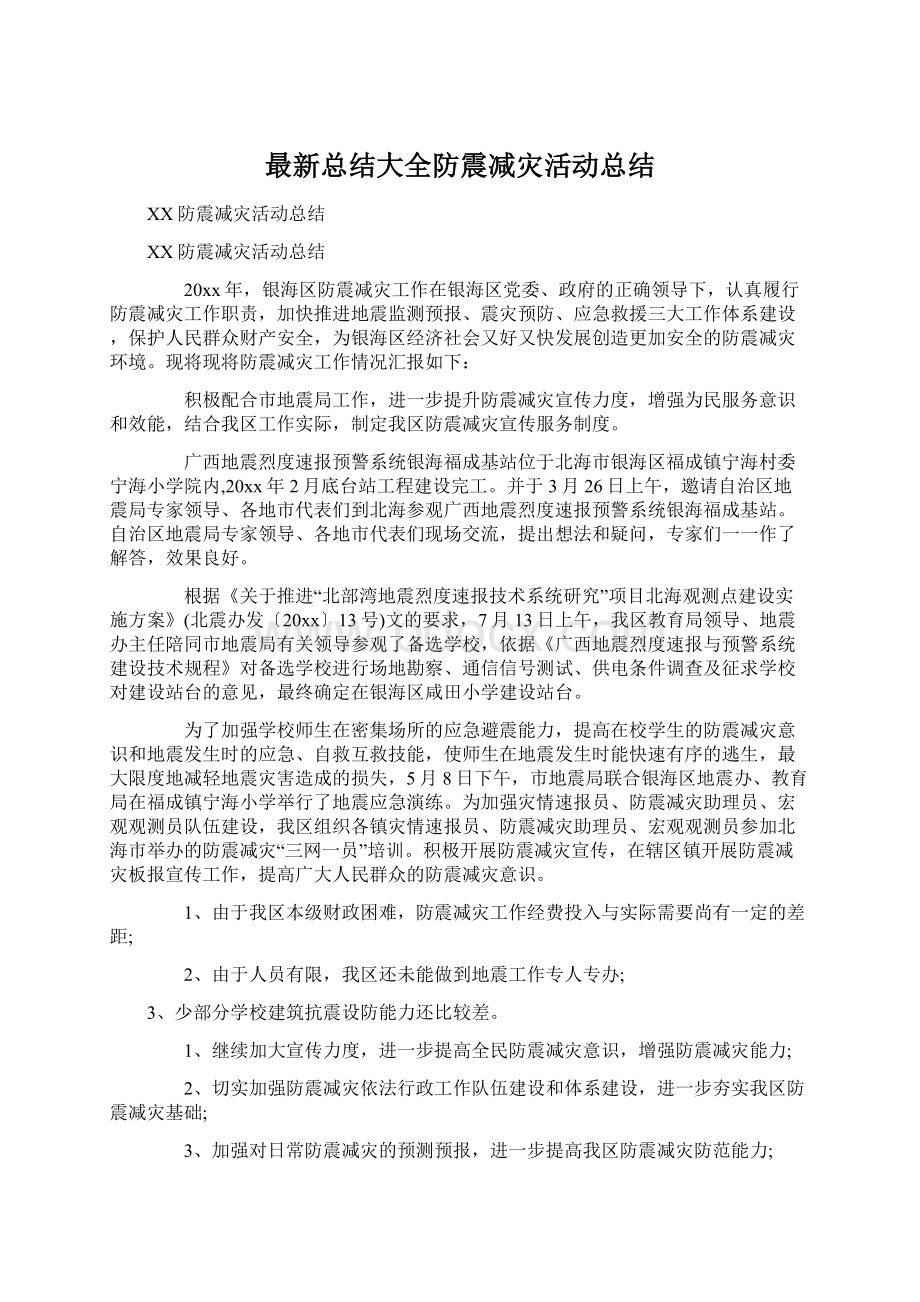 最新总结大全防震减灾活动总结Word格式文档下载.docx_第1页