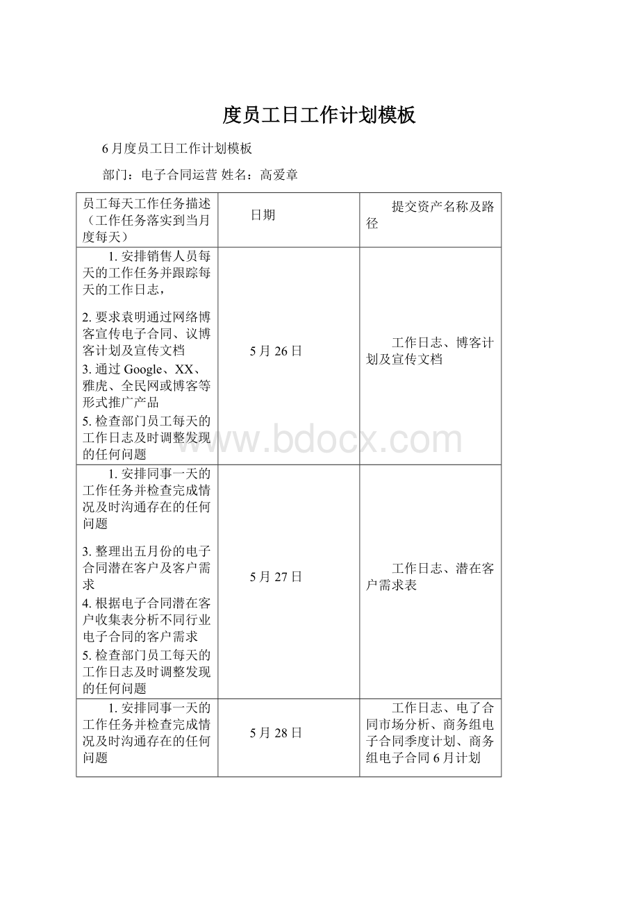 度员工日工作计划模板Word文档下载推荐.docx