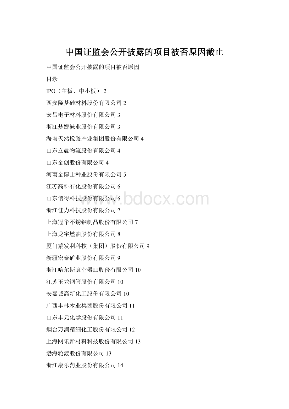中国证监会公开披露的项目被否原因截止Word下载.docx