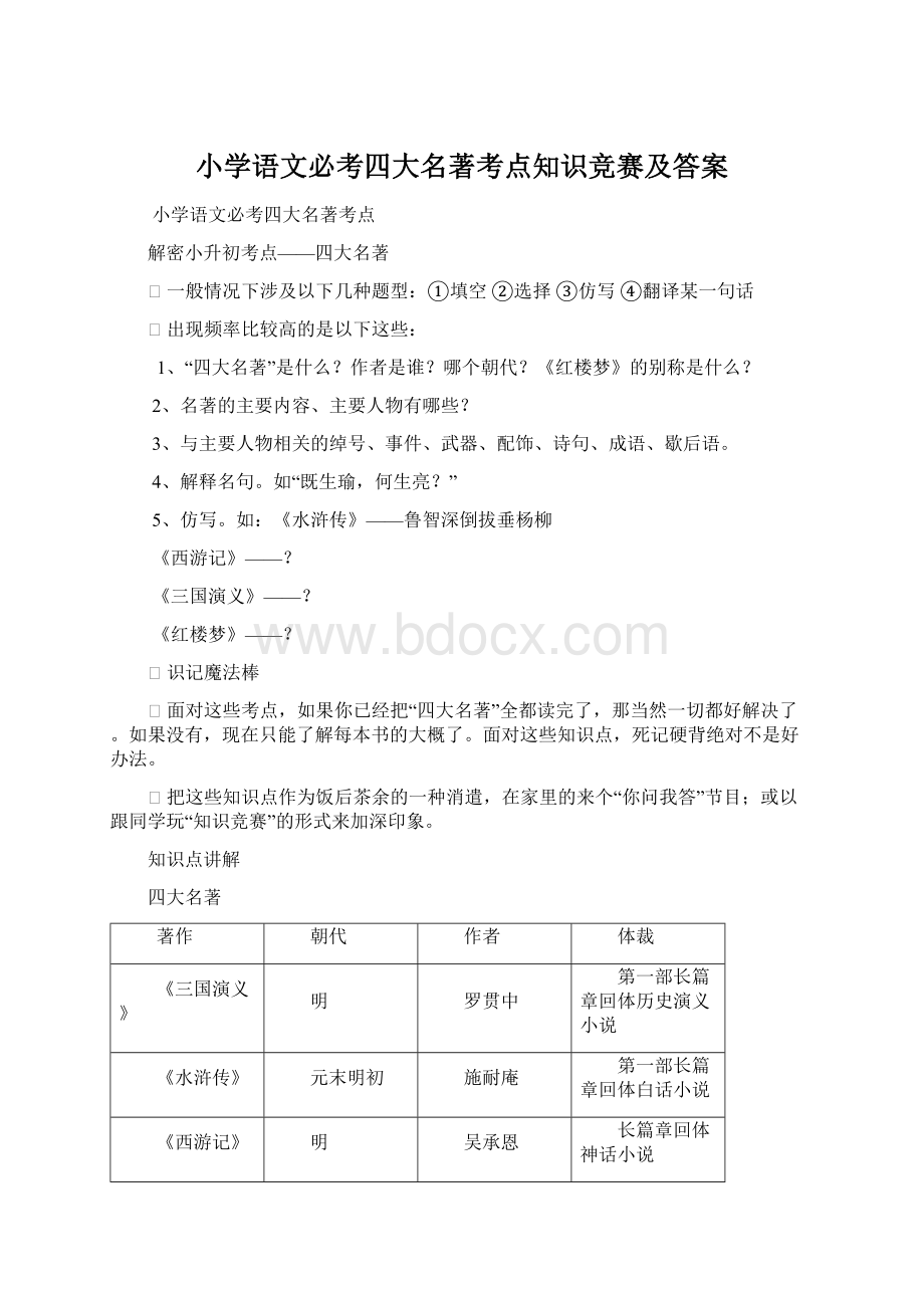 小学语文必考四大名著考点知识竞赛及答案.docx_第1页