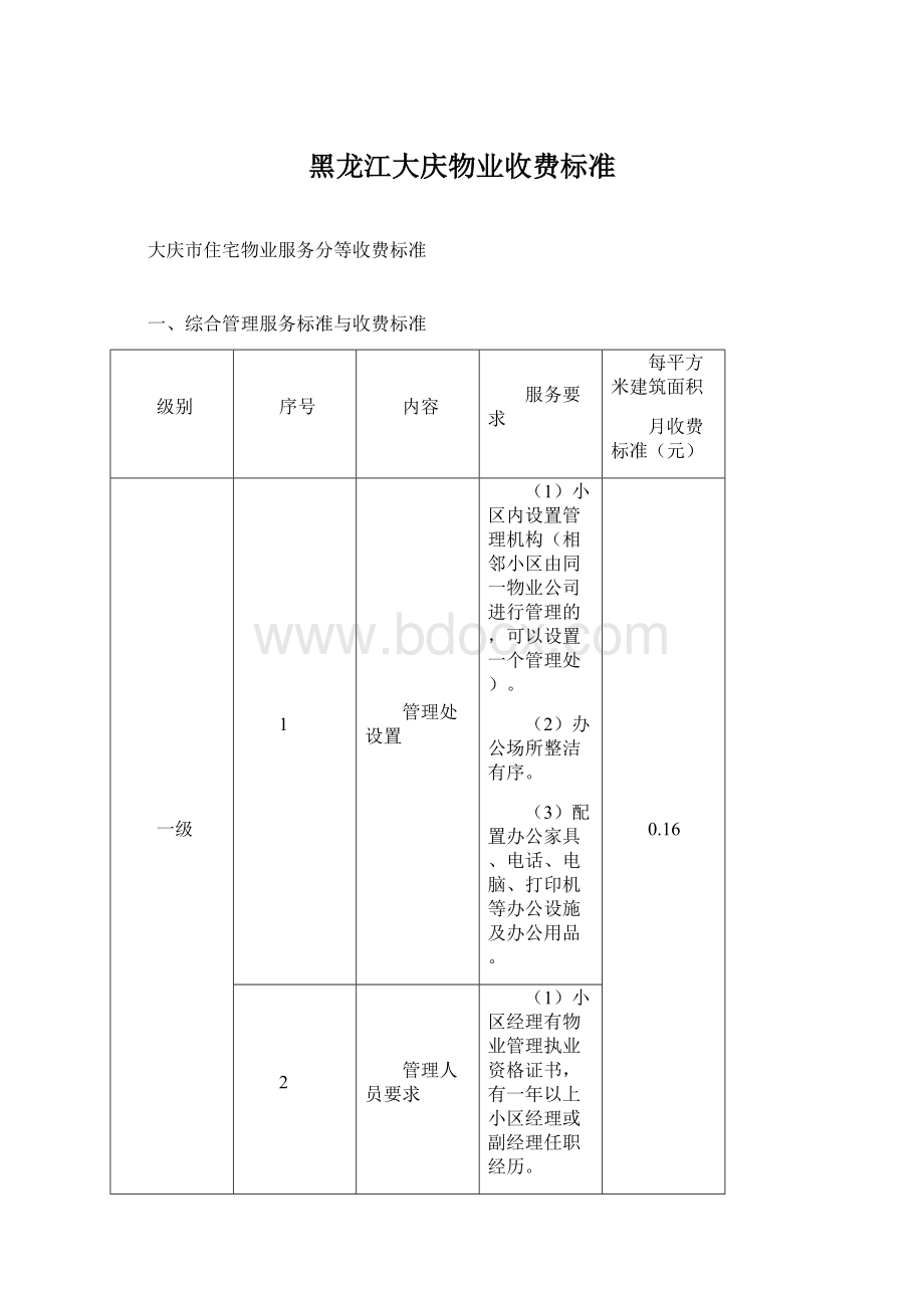 黑龙江大庆物业收费标准.docx