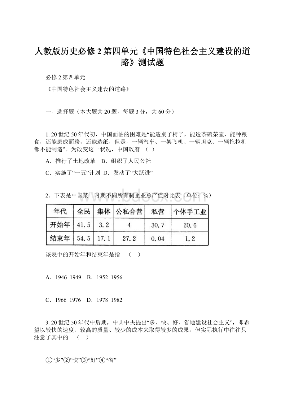 人教版历史必修2第四单元《中国特色社会主义建设的道路》测试题.docx