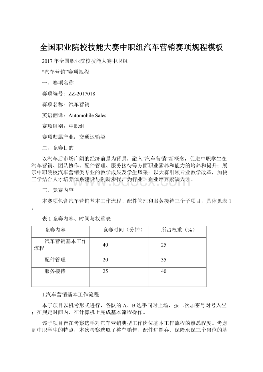 全国职业院校技能大赛中职组汽车营销赛项规程模板.docx_第1页