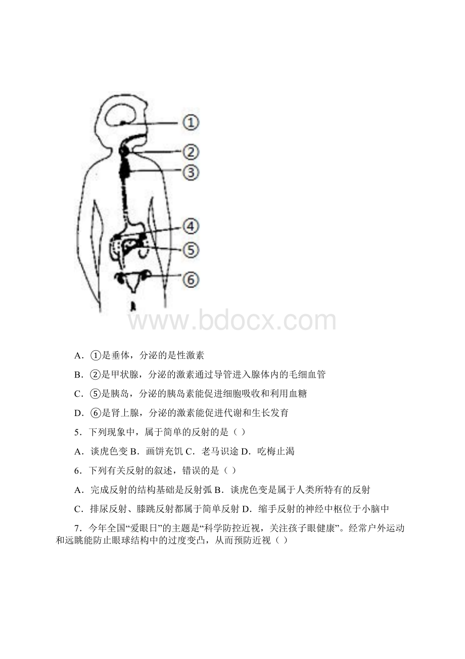 北师大版生物七年级下册第12章 人体的自我调节 复习检测试题解析版.docx_第2页
