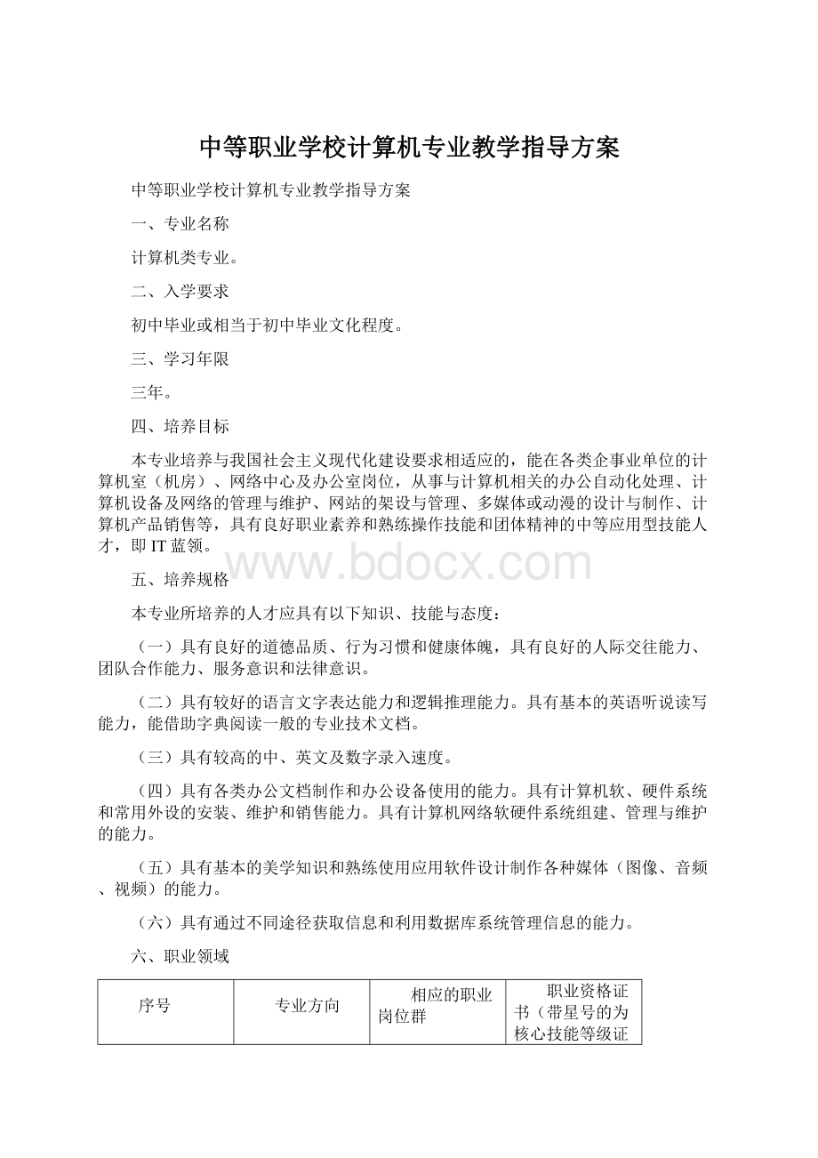 中等职业学校计算机专业教学指导方案Word下载.docx