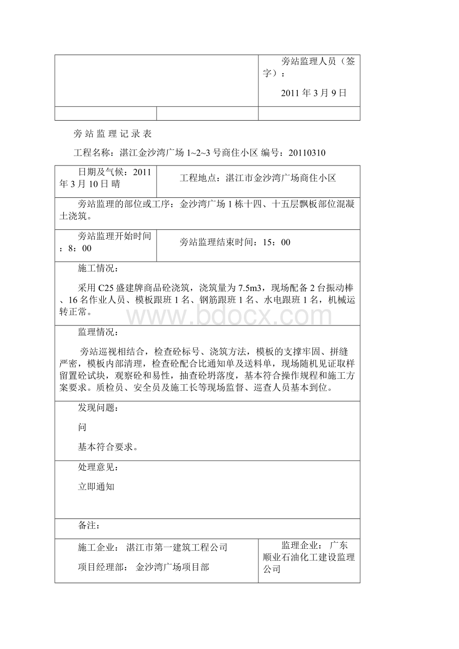 湛江金沙湾广场商住小区旁站监理记录表Word文档格式.docx_第2页