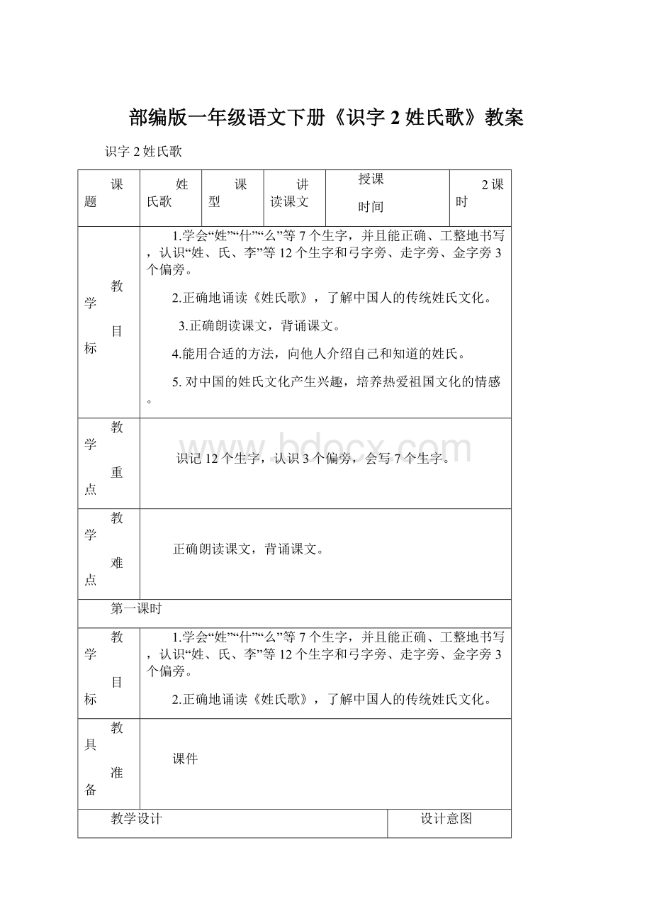 部编版一年级语文下册《识字2 姓氏歌》教案Word文档下载推荐.docx