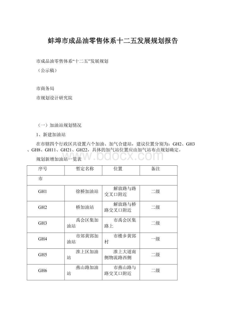 蚌埠市成品油零售体系十二五发展规划报告Word格式.docx