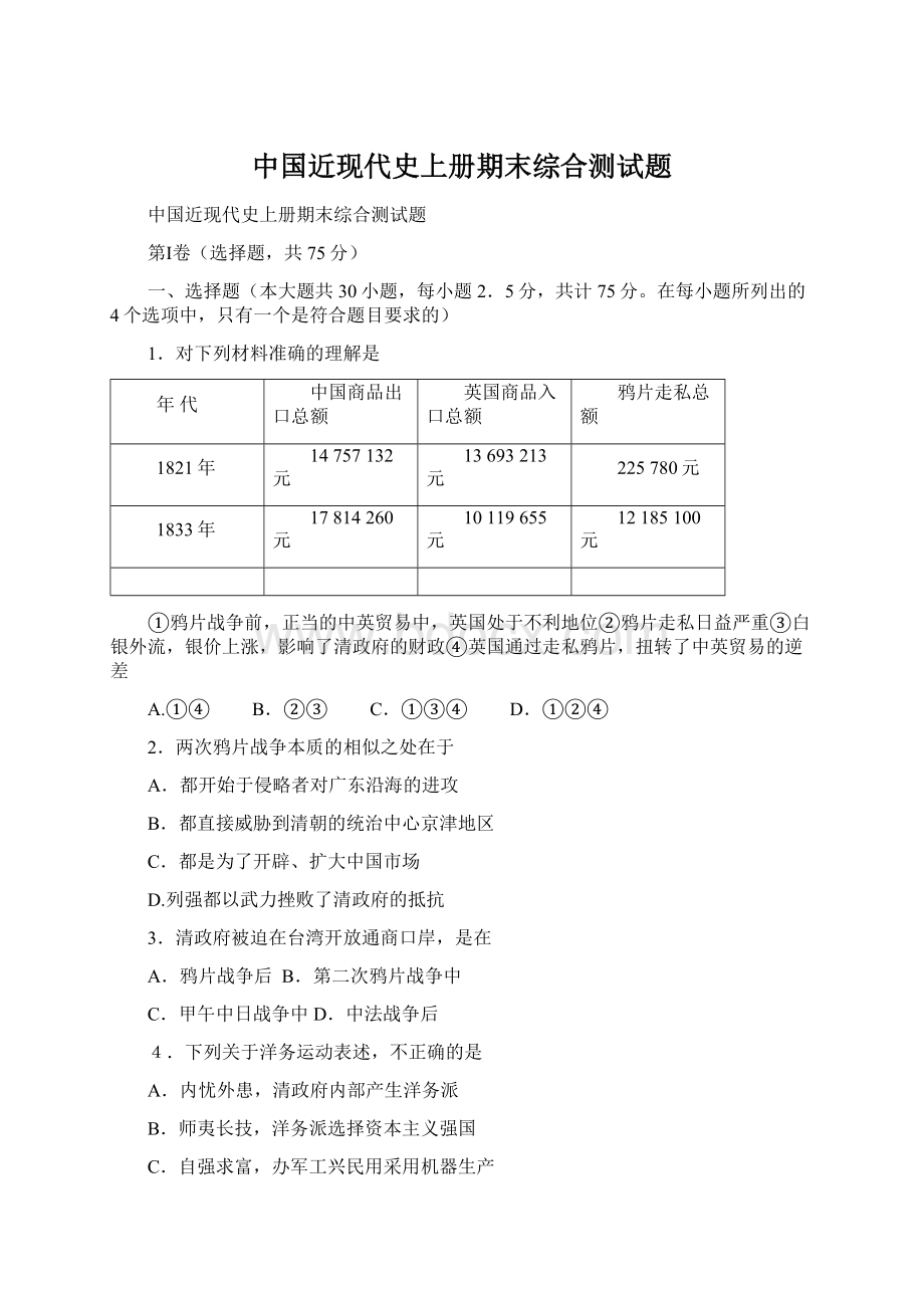 中国近现代史上册期末综合测试题.docx