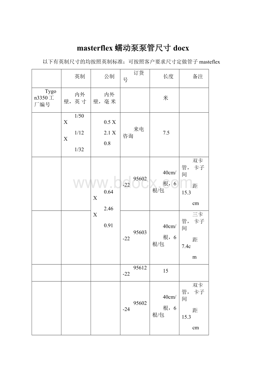 masterflex蠕动泵泵管尺寸docx.docx