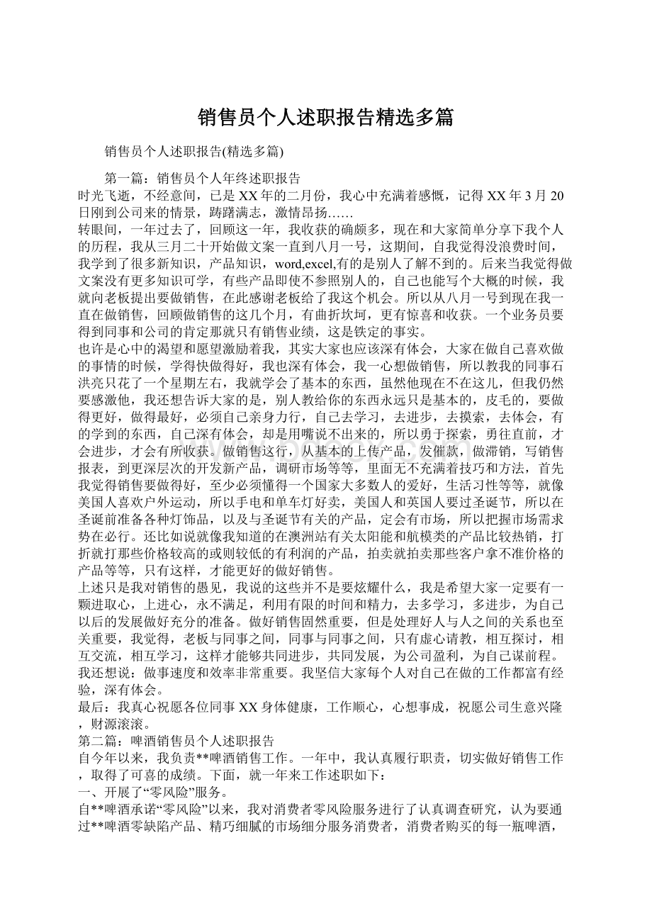 销售员个人述职报告精选多篇文档格式.docx_第1页