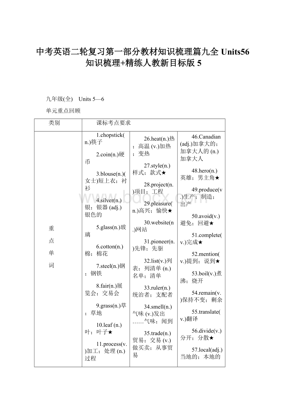 中考英语二轮复习第一部分教材知识梳理篇九全Units56知识梳理+精练人教新目标版5.docx_第1页