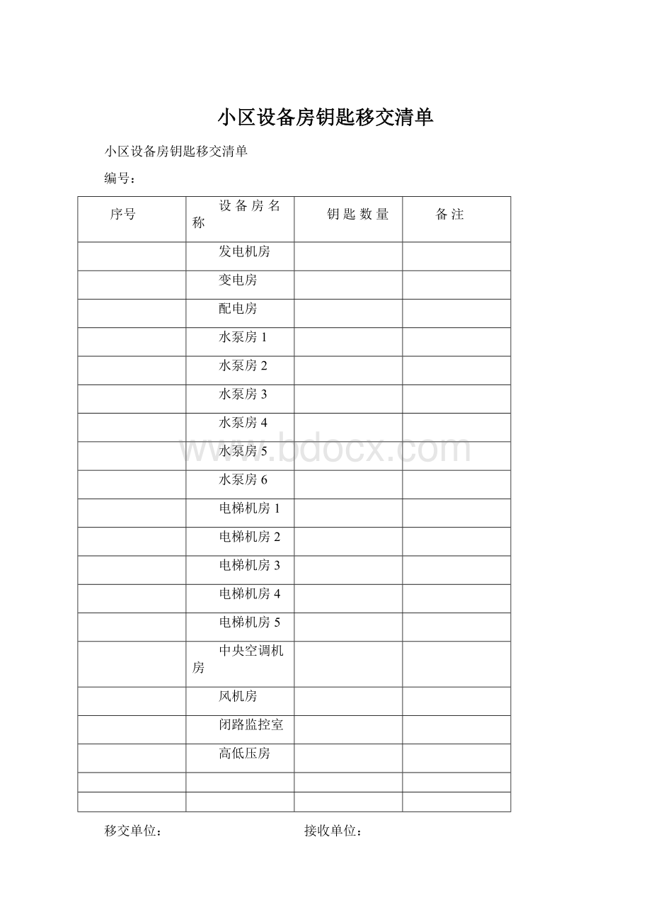 小区设备房钥匙移交清单.docx