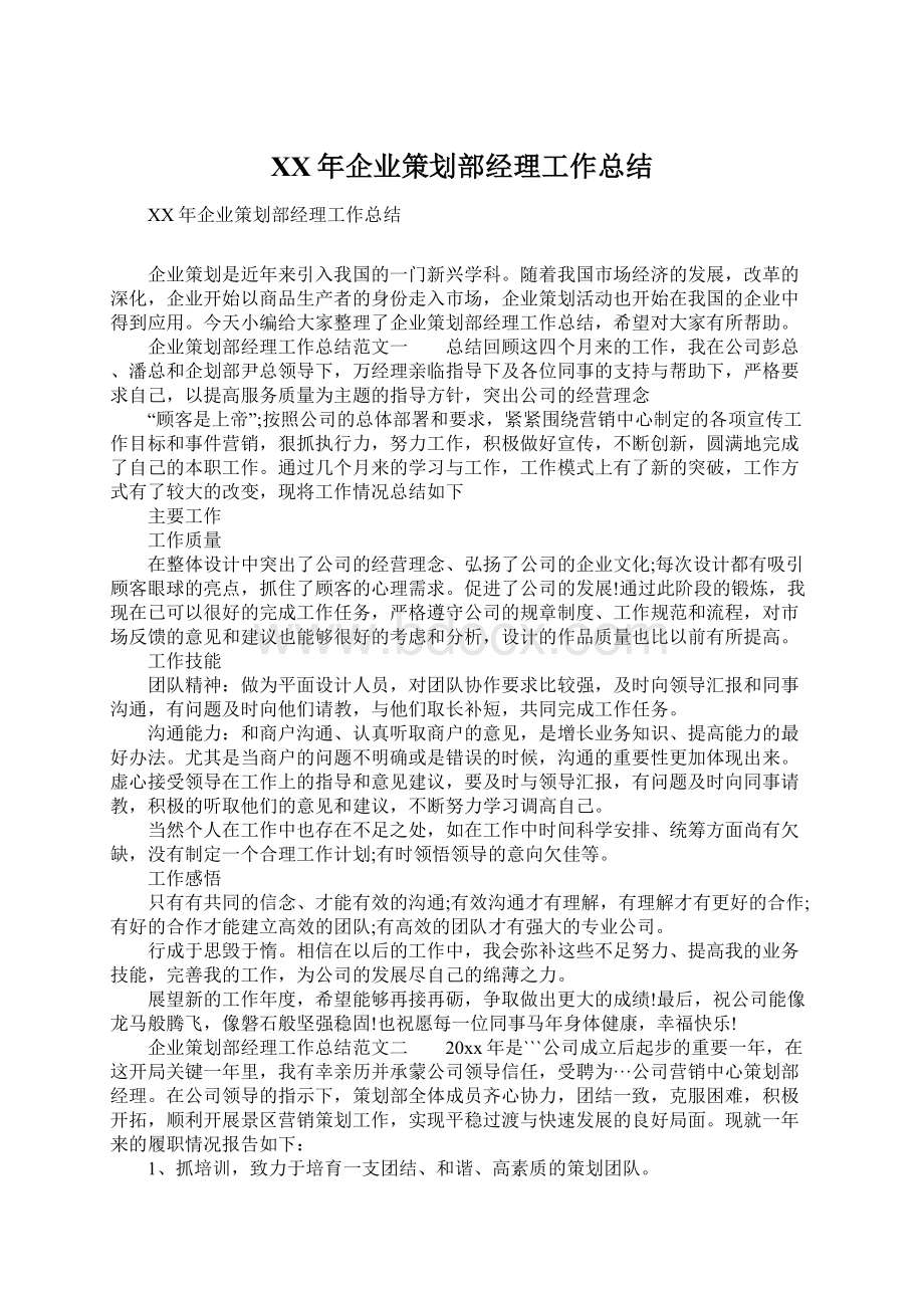 XX年企业策划部经理工作总结.docx_第1页