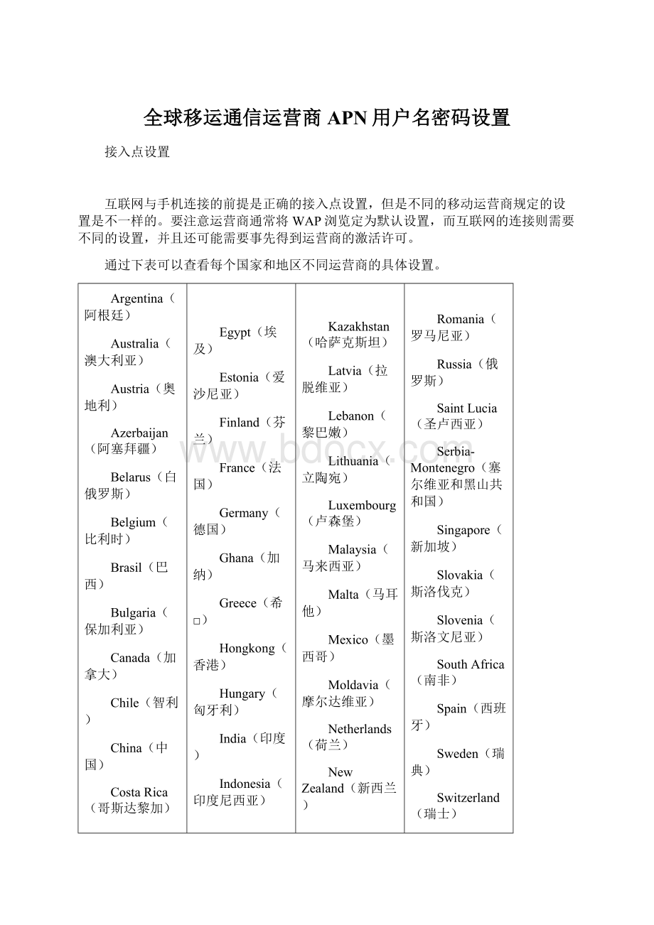 全球移运通信运营商APN用户名密码设置.docx