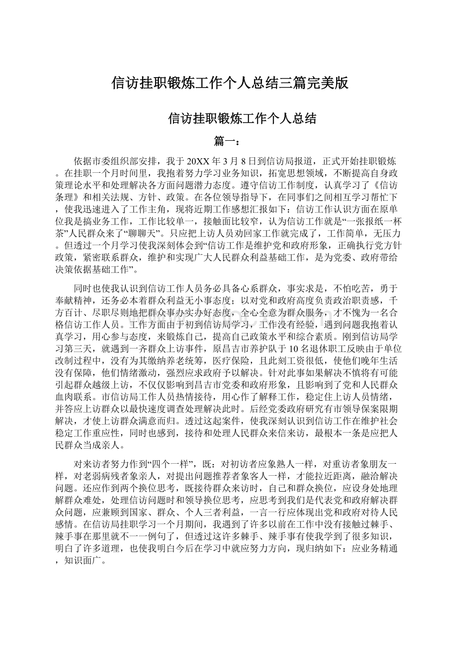 信访挂职锻炼工作个人总结三篇完美版Word文件下载.docx