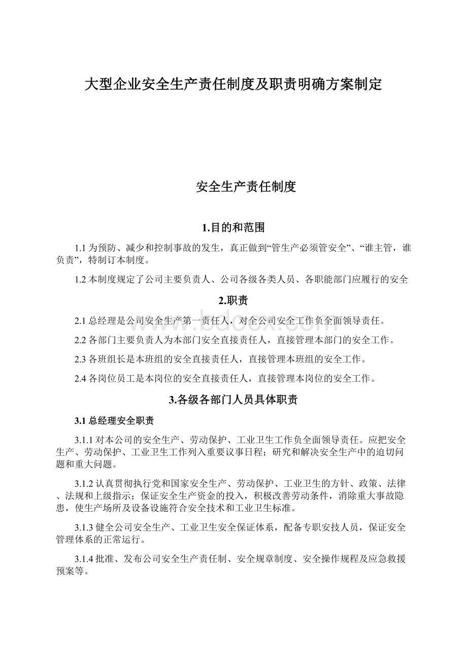 大型企业安全生产责任制度及职责明确方案制定文档格式.docx