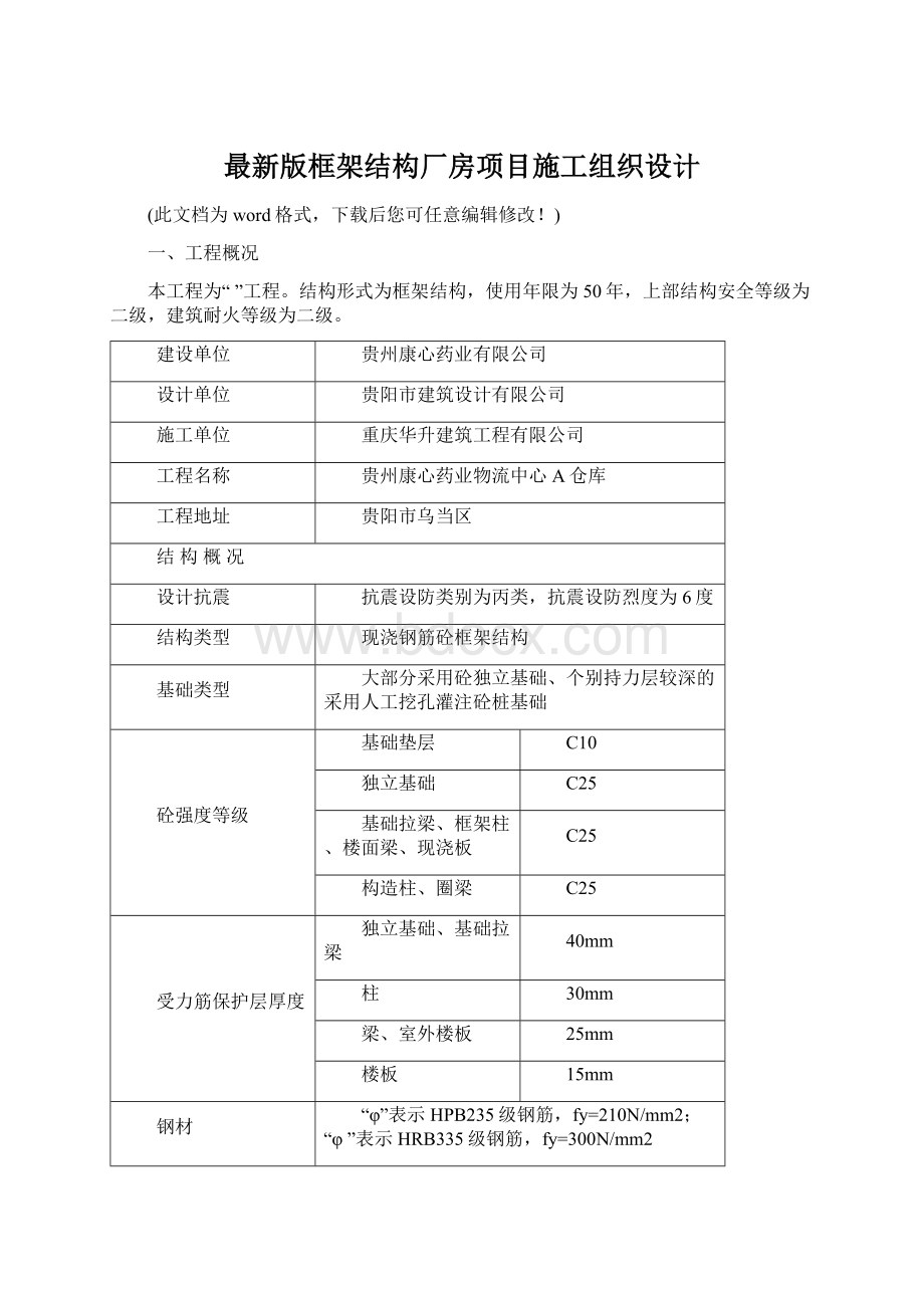 最新版框架结构厂房项目施工组织设计Word文档格式.docx_第1页