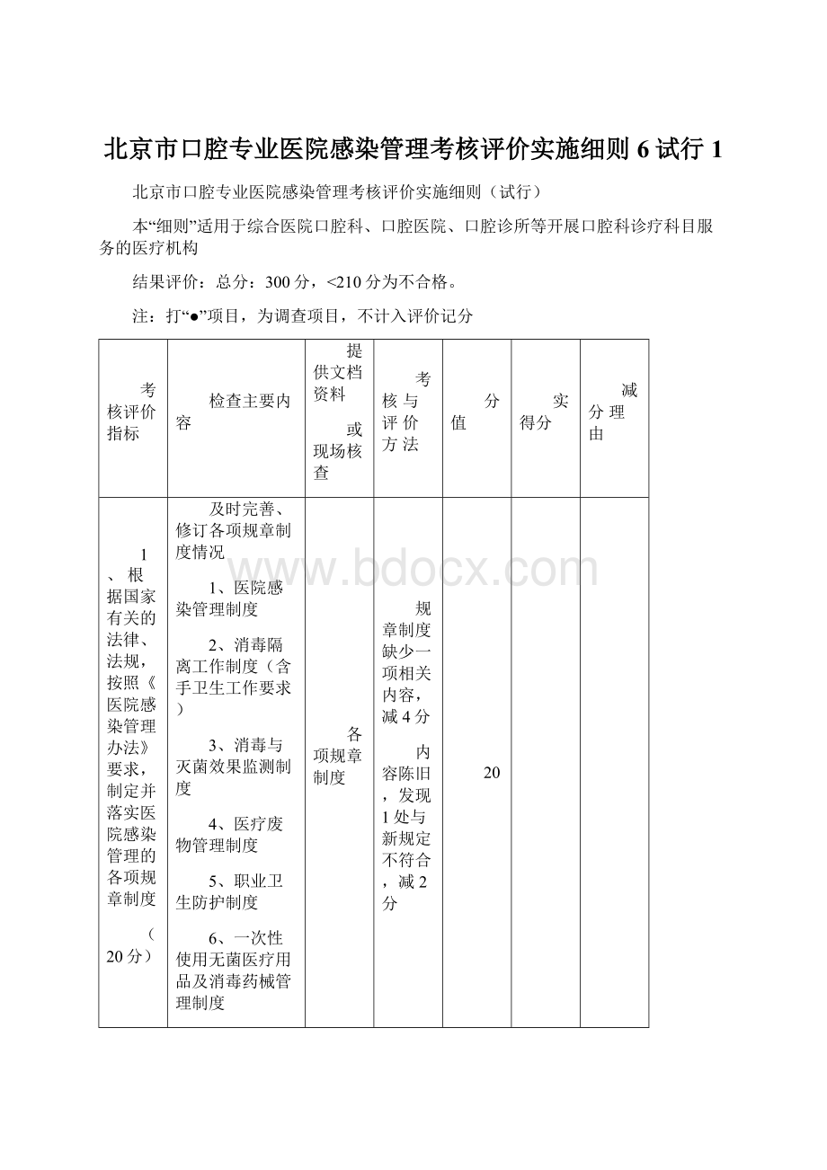 北京市口腔专业医院感染管理考核评价实施细则6试行1Word文档下载推荐.docx_第1页