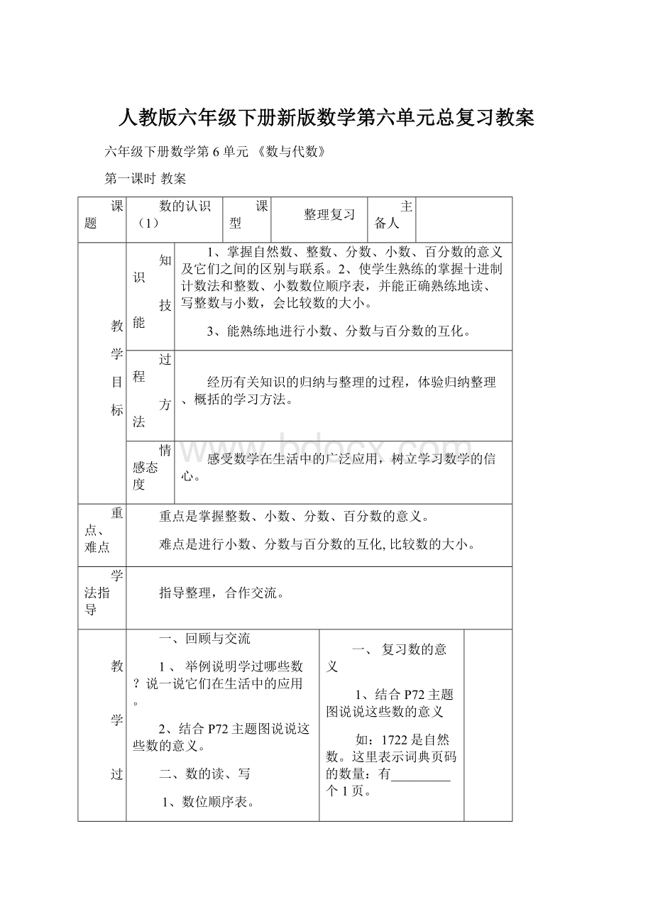 人教版六年级下册新版数学第六单元总复习教案Word格式.docx