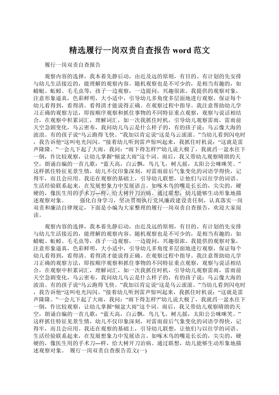 精选履行一岗双责自查报告word范文.docx